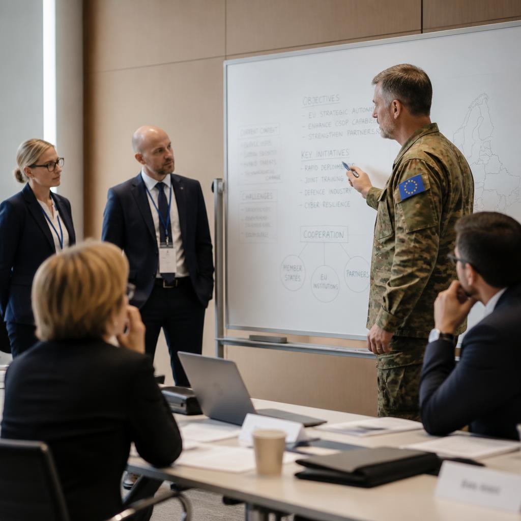 Workshop session with a military speaker at a whiteboard and executive participants